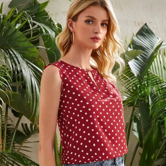RED AND WHITE POLKA DOT KEYHOLE SLEEVELESS BLOUSE - Picture 1 of 5